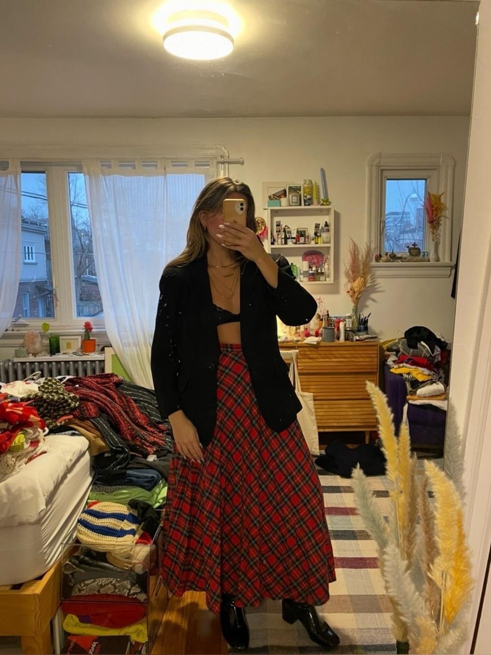 Red Plaid A-Line Midi Skirt - Picture 1 of 9